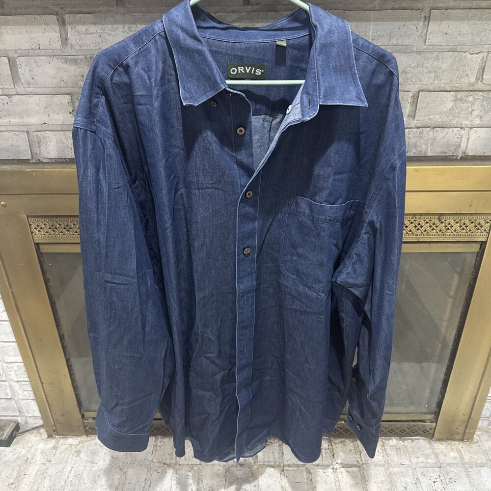 Men’s Orvis Denim Colored Cotton Long Sleeve Shirt Size XXL
